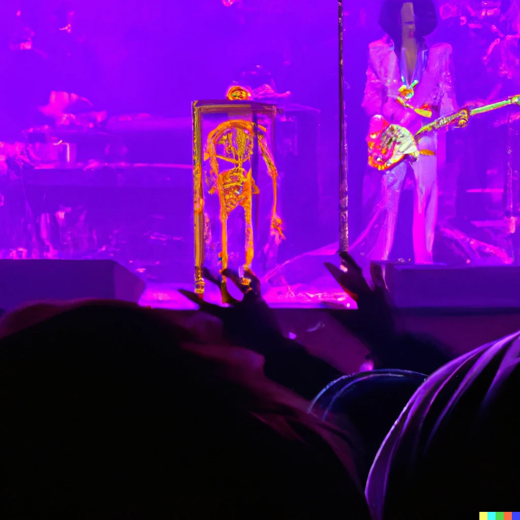 Prompt: The ghost of Prince materializing to play one final set with Keith richard’s skeleton