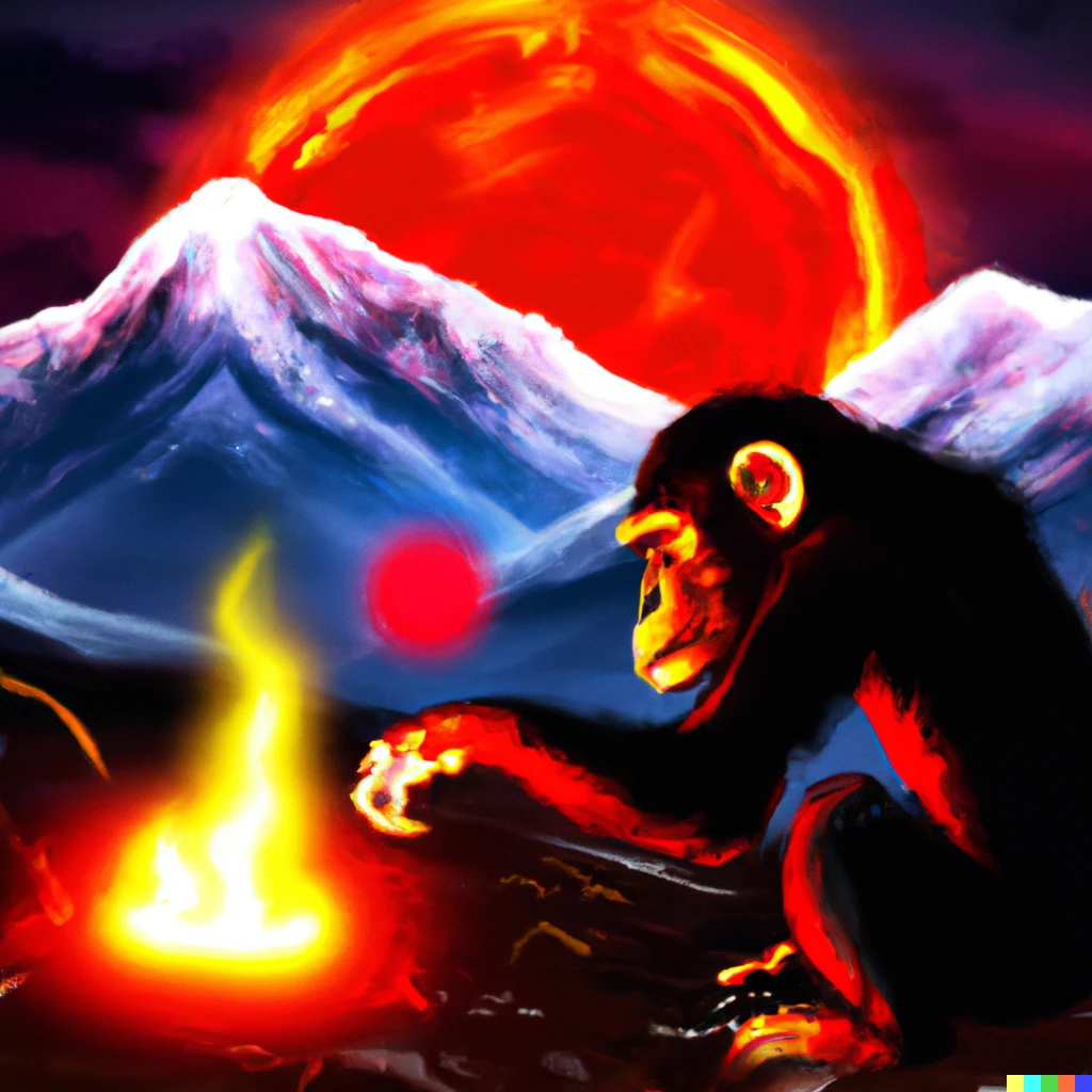 Prompt: Chimpanzee discovering fire under a red moon illuminating the mountains in the background