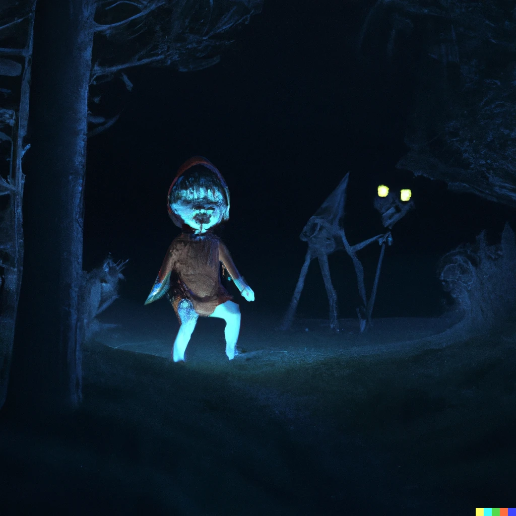 Prompt: 3D render Night walker scaring children in forest