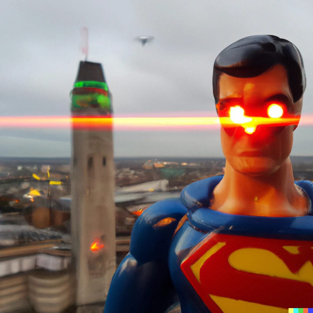 Prompt: superman in london tower laser eyes