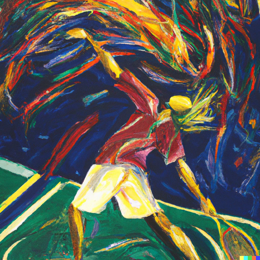 Prompt: An expressive oil painting of a tennis player smashing, as if a fireworks