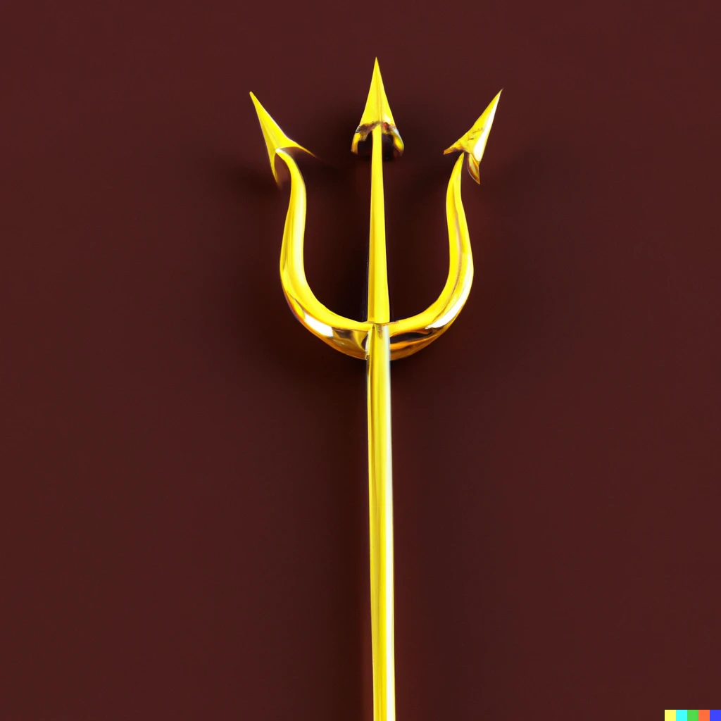 Prompt: 3d render of a shining golden trident, studio quality