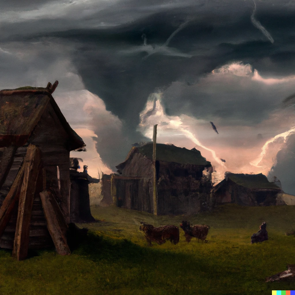 Prompt: A fantasy farm experiencing a deadly dark storm, digital art