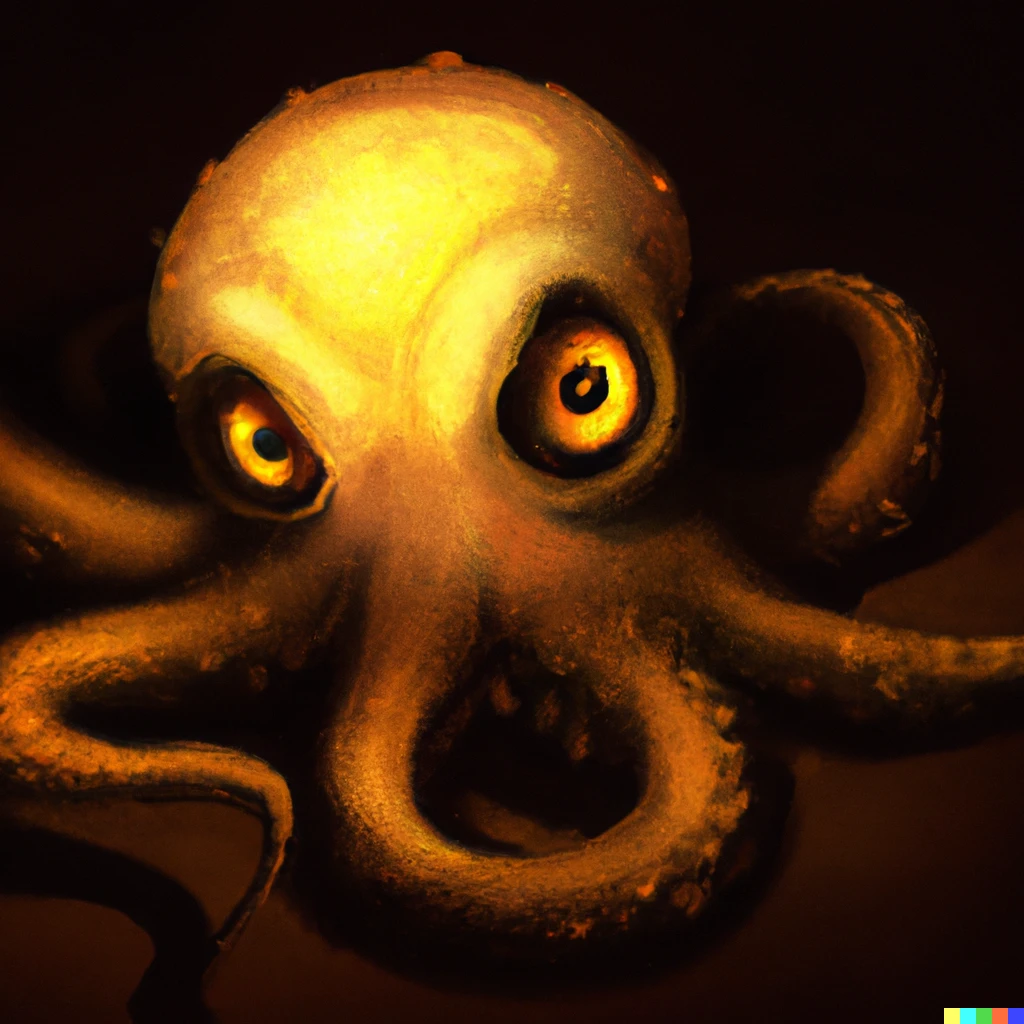 Prompt: An octupus monster with a big glowing eyes lurking in the deep sea