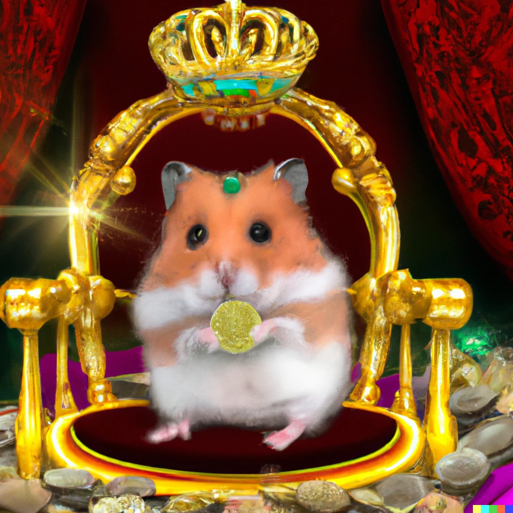 Prompt: A Hamster wearing a crown while sitting in a flashy throne and the floor is full of gold bar and coins with some different colors of jewels, Digital art, Bright Lighting