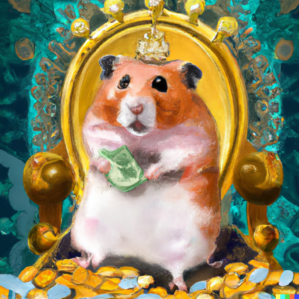 Prompt: A fat hamster wears a small crown and sits on a throne. the floor is covered with a lot of gold coins and jewels, digital art, bright lighting