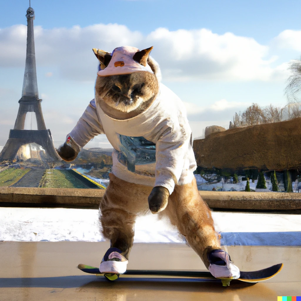 Prompt: French cat doing skate board in winter clothes in paris in a sunny day full of mouses near the eiffel tower