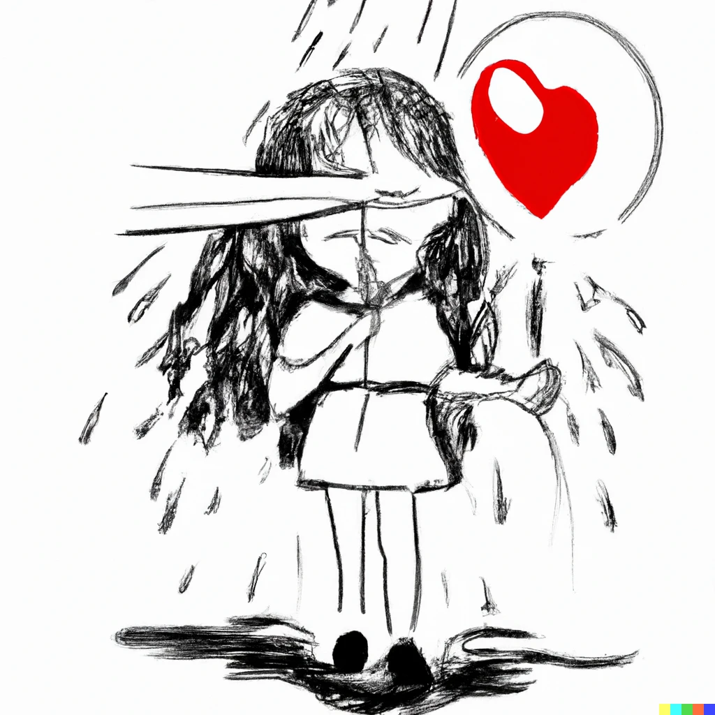 Prompt: A black and white drawing of a girl with a red ballon crying a river of love