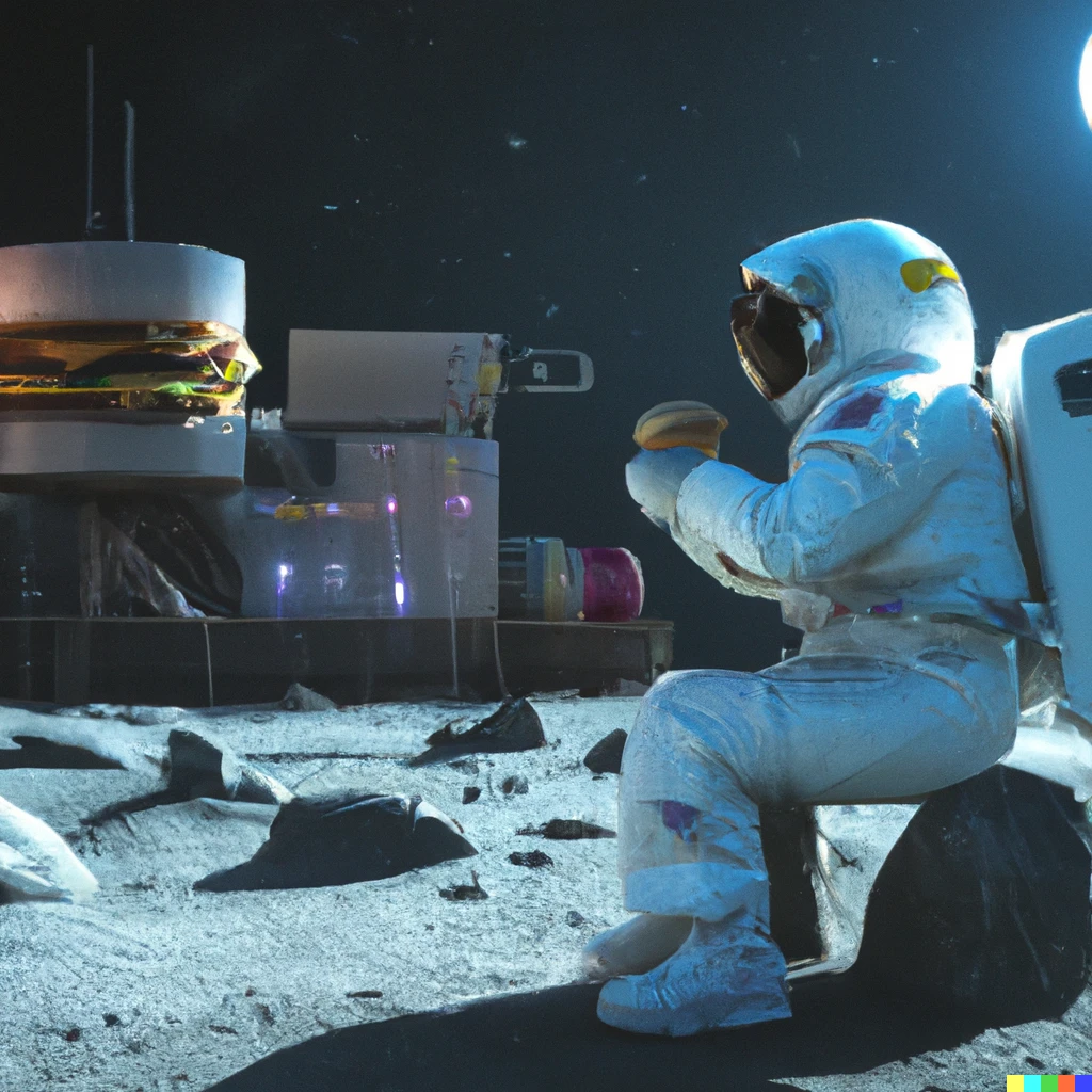 Prompt: A high quality photo of an astronaut eating Macdonald’s burger outside a factory on the moon
