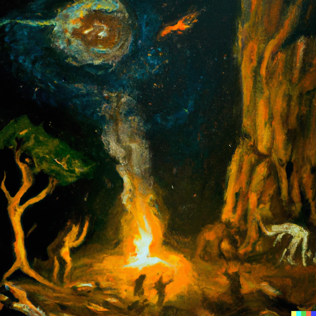 Prompt: An oil painting of prehistoric earth at night with cavemen playing with fire