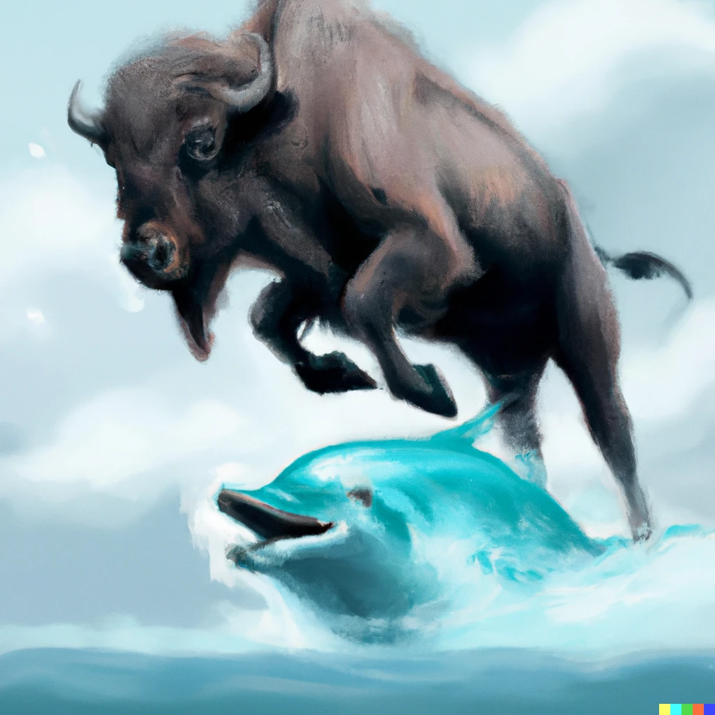 Prompt: digital art of a dolphin being squished by a bison
