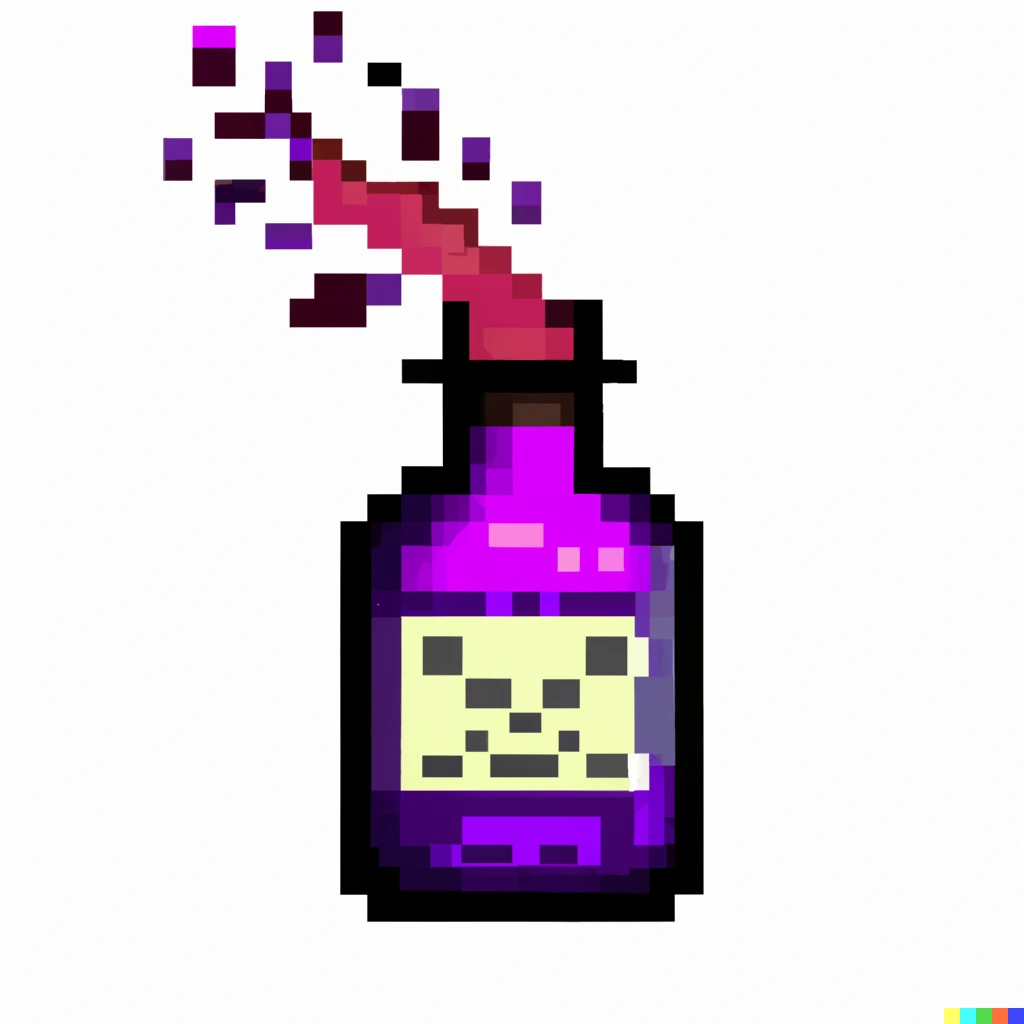 Prompt: a pixel art open bottle of red and purple poison, emitting sparks, on a white background 