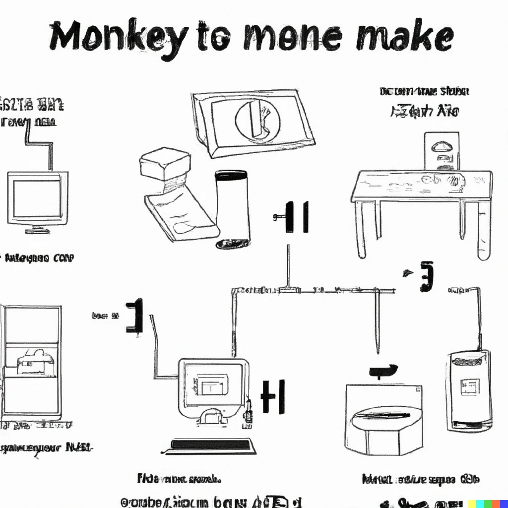 Prompt: black and white illustrated instructions on how to make money online, in the style of IKEA