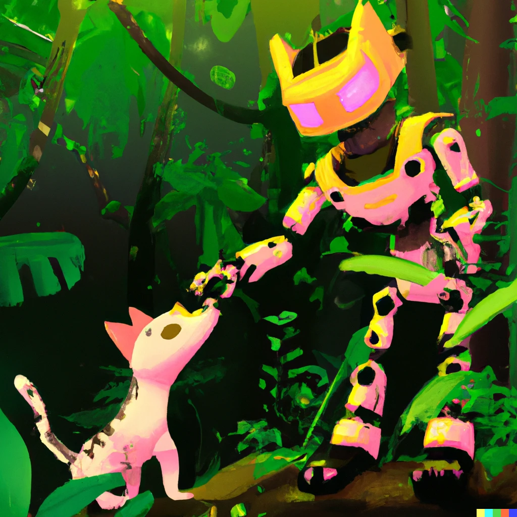 Prompt: A jungle with a robot petting a ozelot