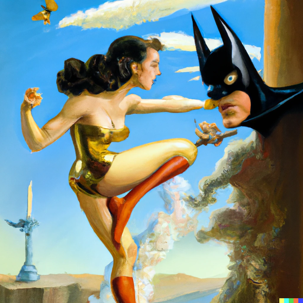 Prompt: Wonder Woman fighting Batman by Salvador Dali