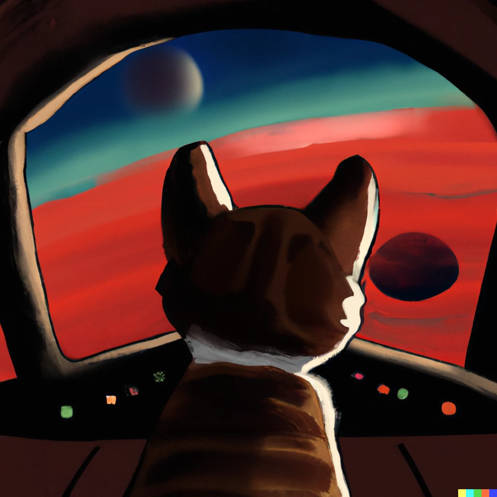 Prompt: A cat operating a spaceship looking over the horizon of  Mars digital art 