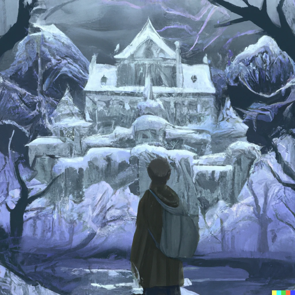 Prompt: A traveller discovering a lost castle inside a snowy mountain jungle. He is standing in front of the palace. Digital art.