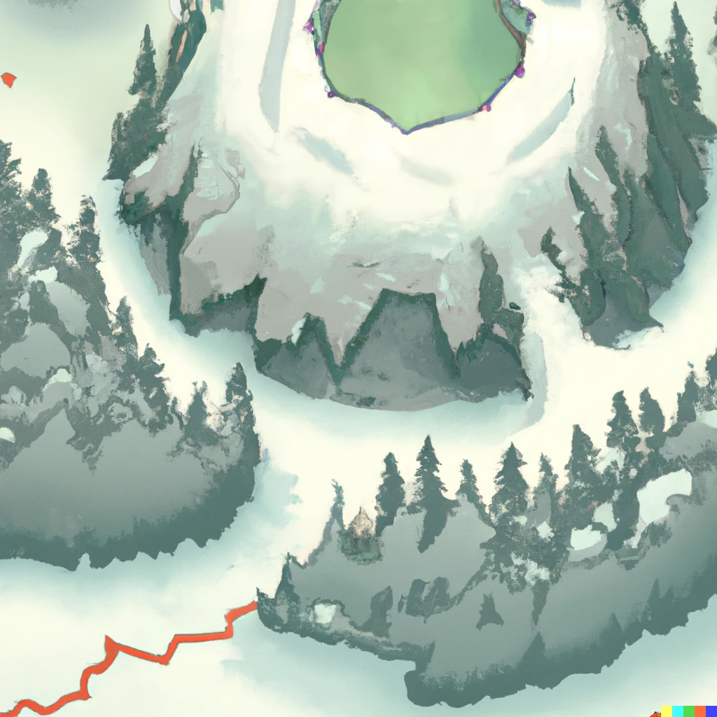 Prompt: Map of a snowy mountain jungle. There is a red circle where we believe a castle is present. Digital art, 1500*500