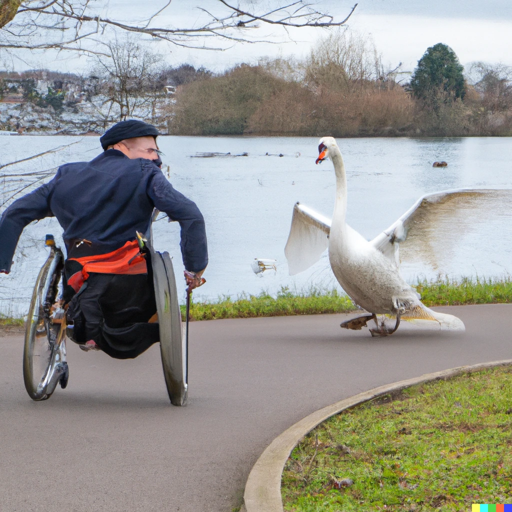 Prompt: Man in a wheelchair being chased by an aggressive looking swan, high resolution photograph 4k