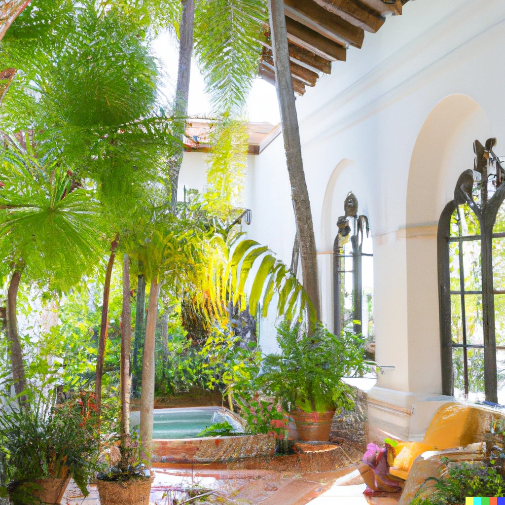Prompt: Santa Barbara, California biophilic Spanish colonial semi outdoor living room, high resolution photo, tall ceilings, lots of light, plants, water feature