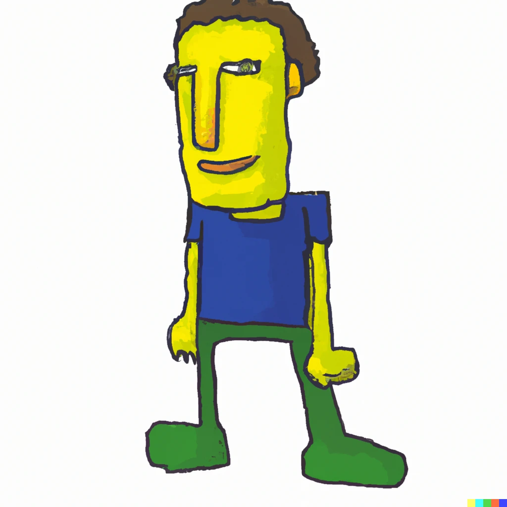 Prompt: A cartoon of a blocky character with yellow skin, green pants, and a blue shirt without sleeves, who has a slightly rounded yellow head