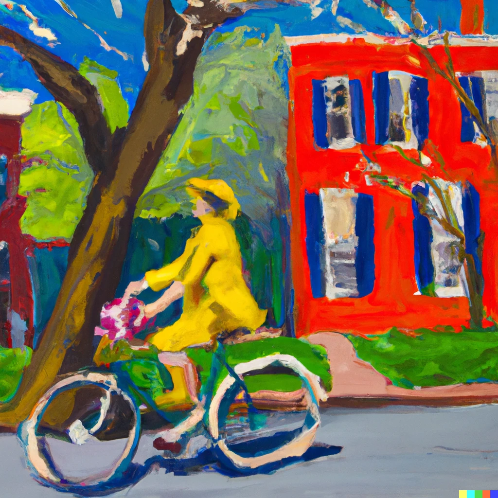 Prompt: an oil painting by Matisse of a girl riding a dutch bicycle in washington dc in spring