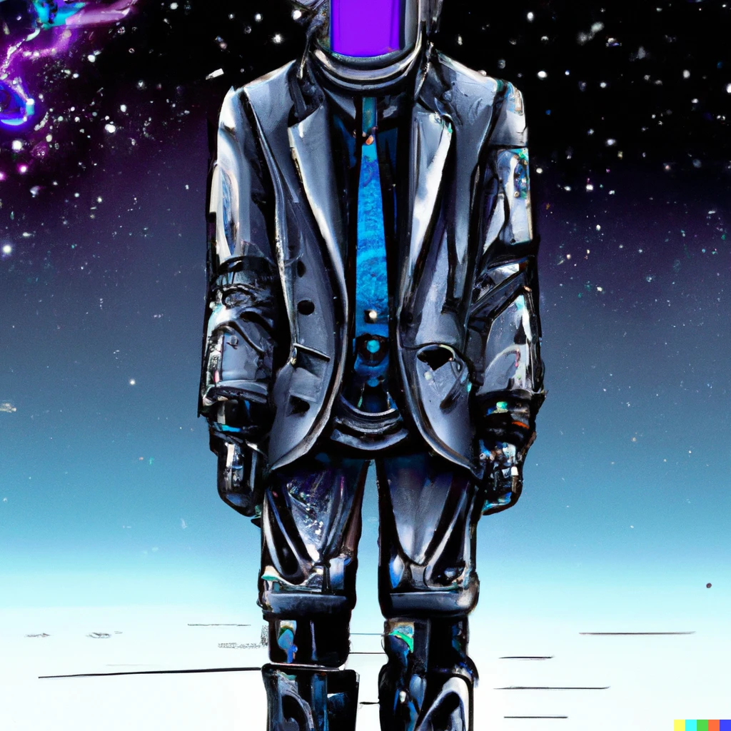 Prompt: An interdimensional time traveler wearing a suit (cosmic art)