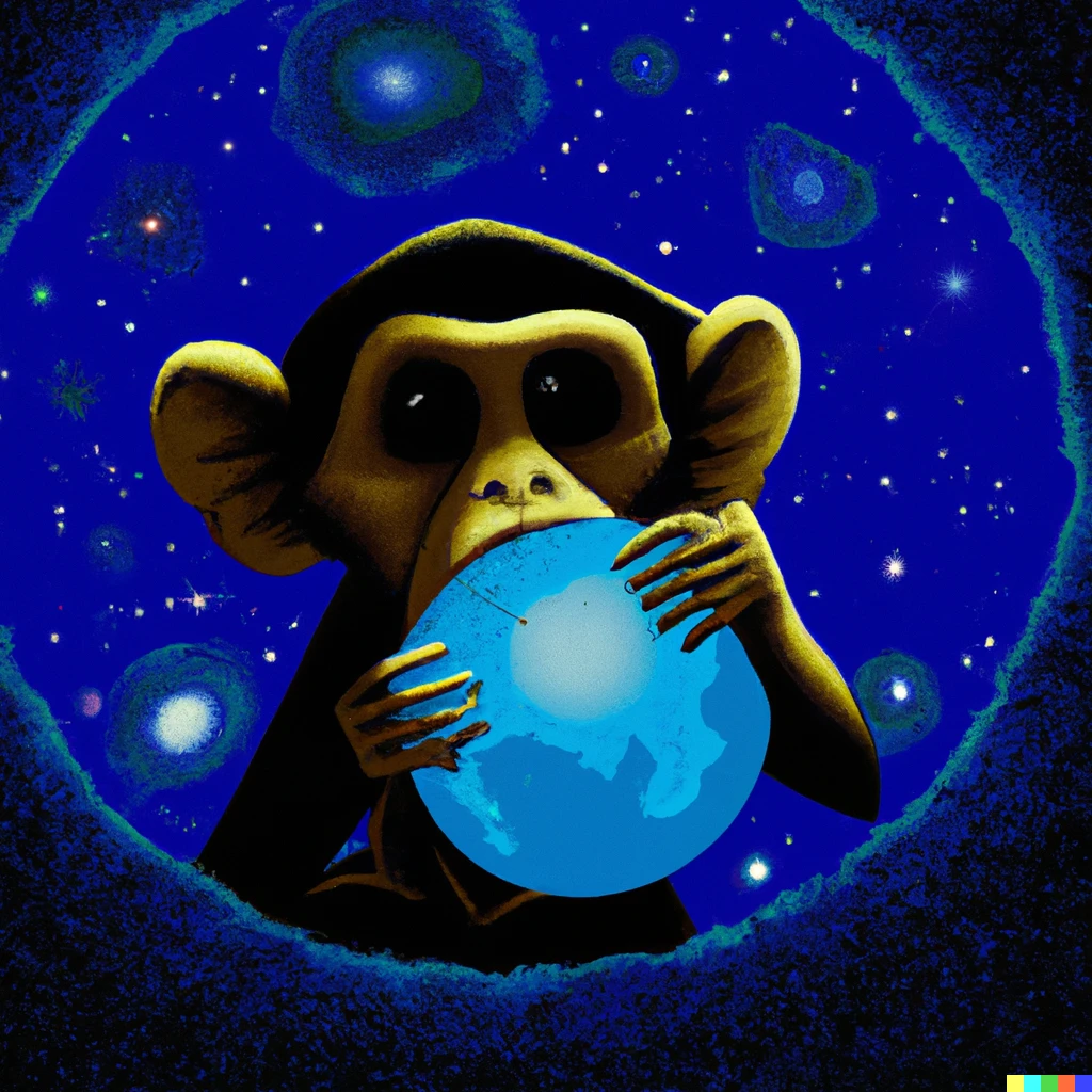 Prompt: Monkey eating a planet in the style of Starry Night