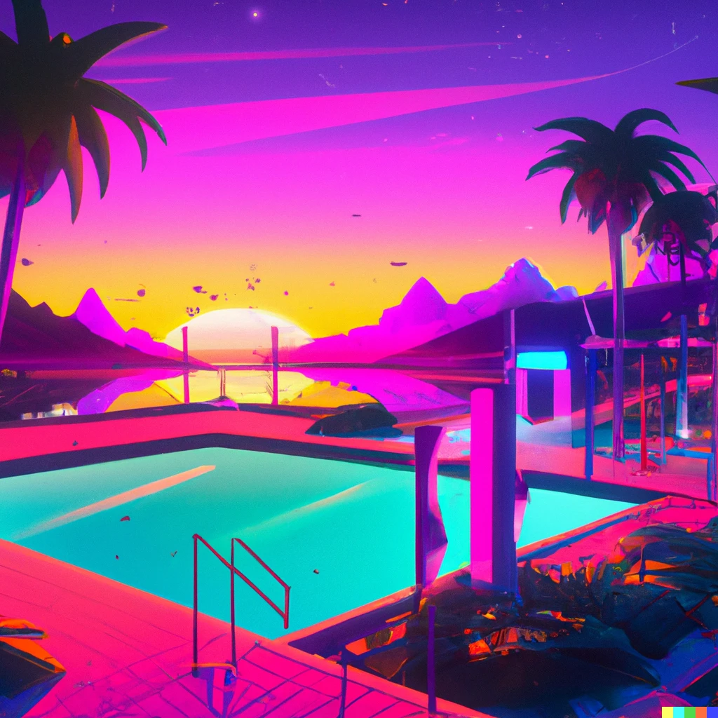 Prompt: A realistic tropical resort in a synthwave style