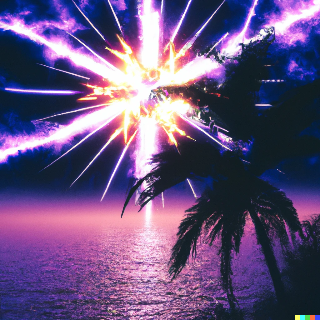 Prompt: A detailed image of a synthwave palm tree near the ocean with a supernova exploding the the sky 