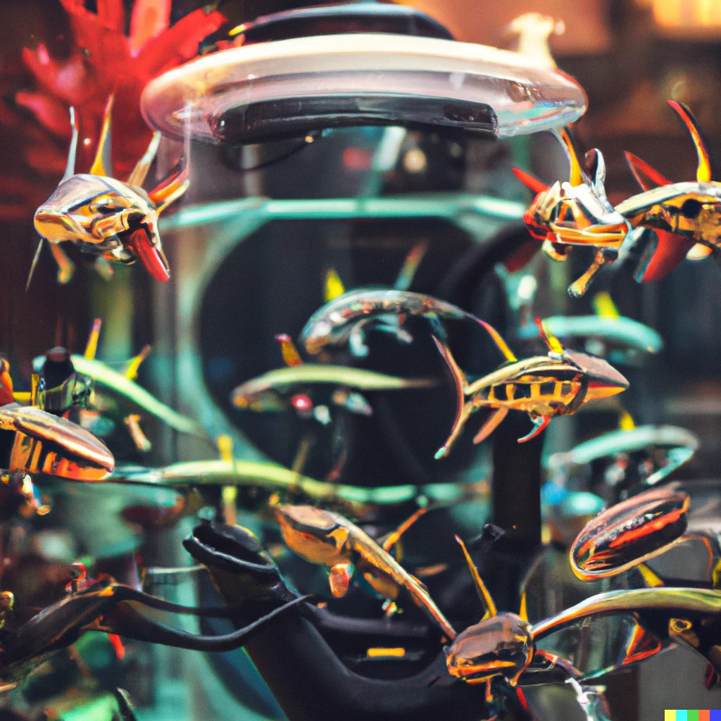 Prompt: An aquarium full of robotic fish. High quality photo.
