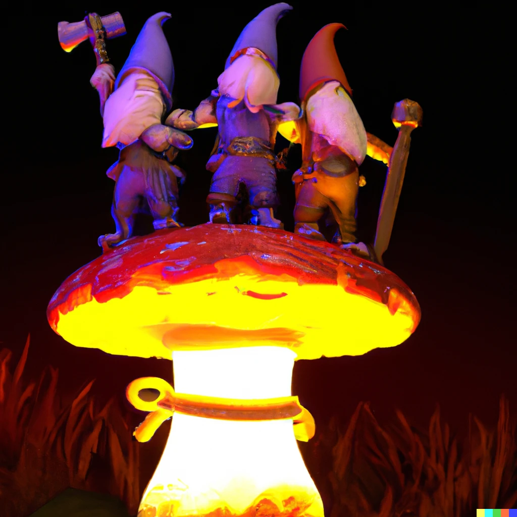Prompt: Swashbuckling gnomes atop a glowing mushrom. 3D render.