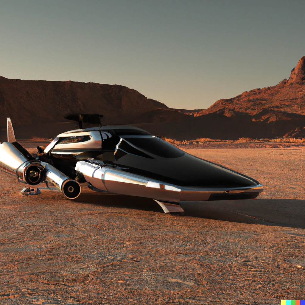 Prompt: A 3D render of a large sleek luxury spaceship with chrome and onyx coloring parked on a landing pad in the desert.