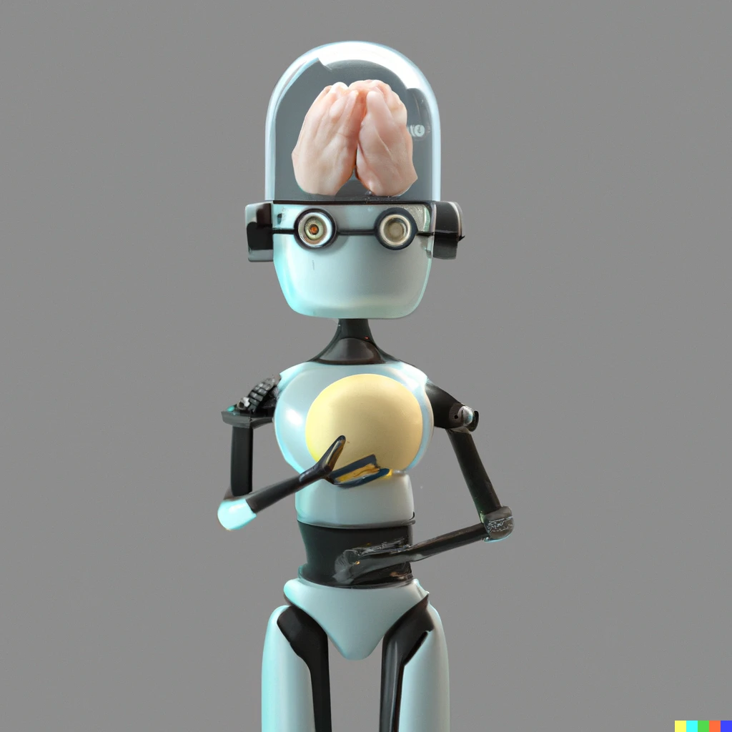 Prompt: 3D render of a cute robot with a glass head and a human brain. Neutral background. 