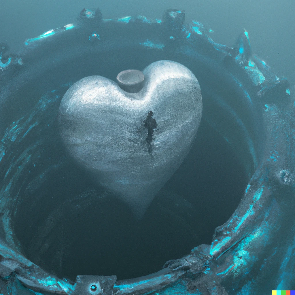 Prompt: Tiny human drifting alone in the void with an iron heart. Photorealistic digital art.