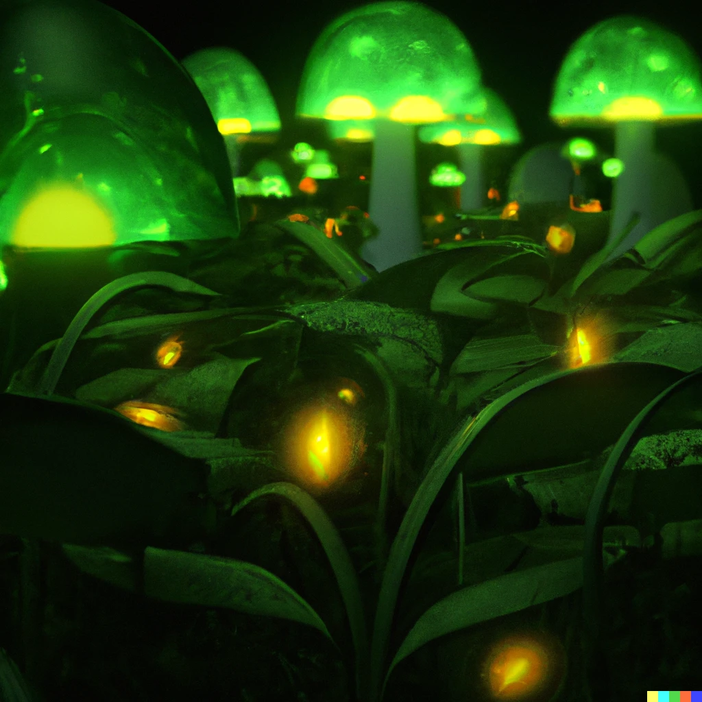 Prompt: A forest of glowing green mushrooms with fireflies. 3D render.