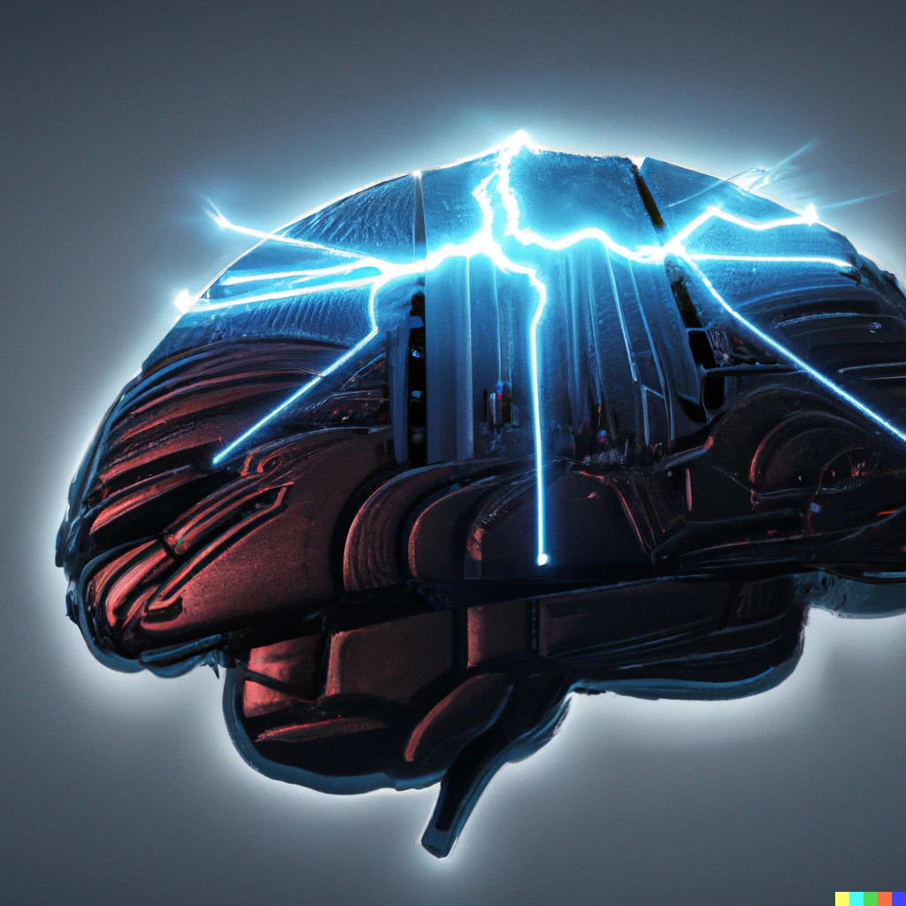 Prompt: 3D render of a cybernetic brain with LEDs and lightning, neutral background
