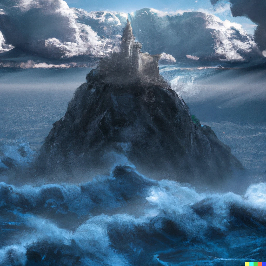 Prompt: Misty mountain island in a stormy sea with a castle on top. High fantasy art.