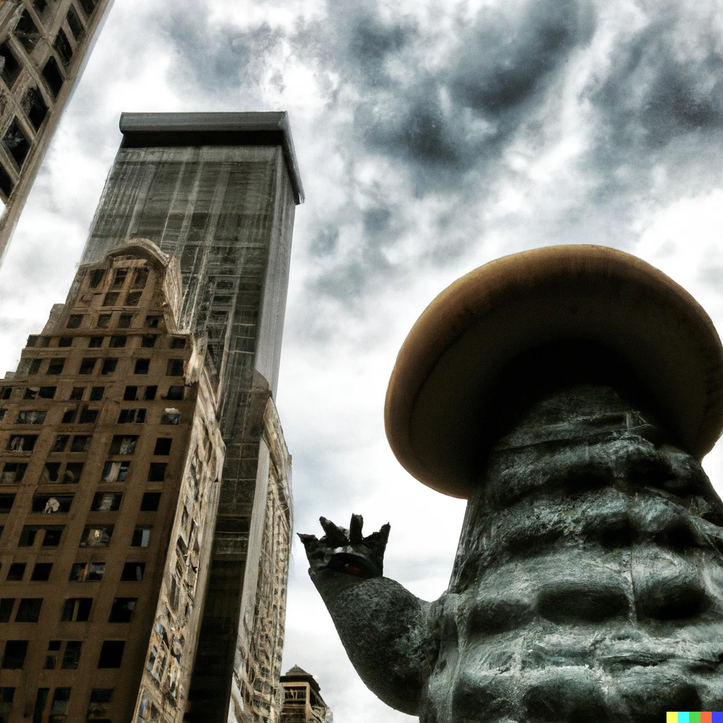 Prompt: Godzilla except he's a mushroom in NYC. Dramatic wide angle photo.