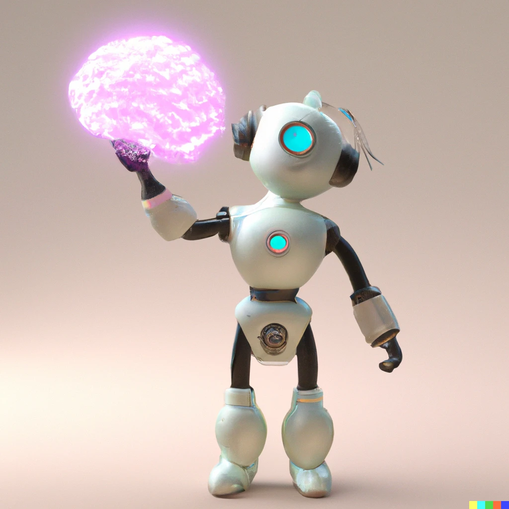 Prompt: 3D render of a cute robot holding a glowing brain. Neutral background.