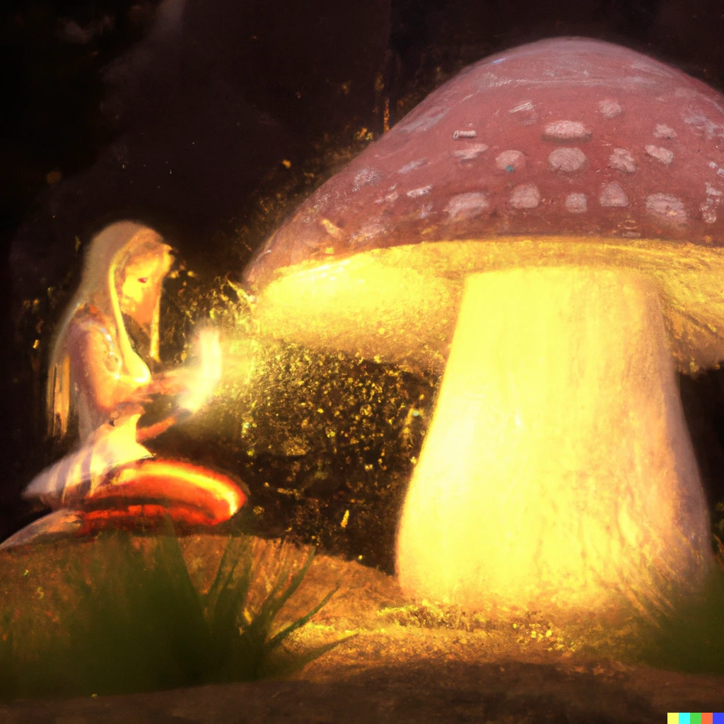 Prompt: 3D rendering of a glowing mushroom with a pretty fairy.