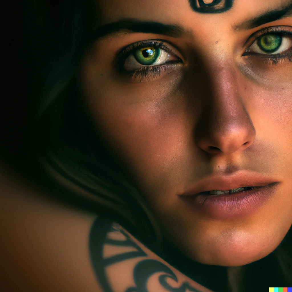 Prompt: Pretty woman with green eyes and a face tattoo, dramatic photo