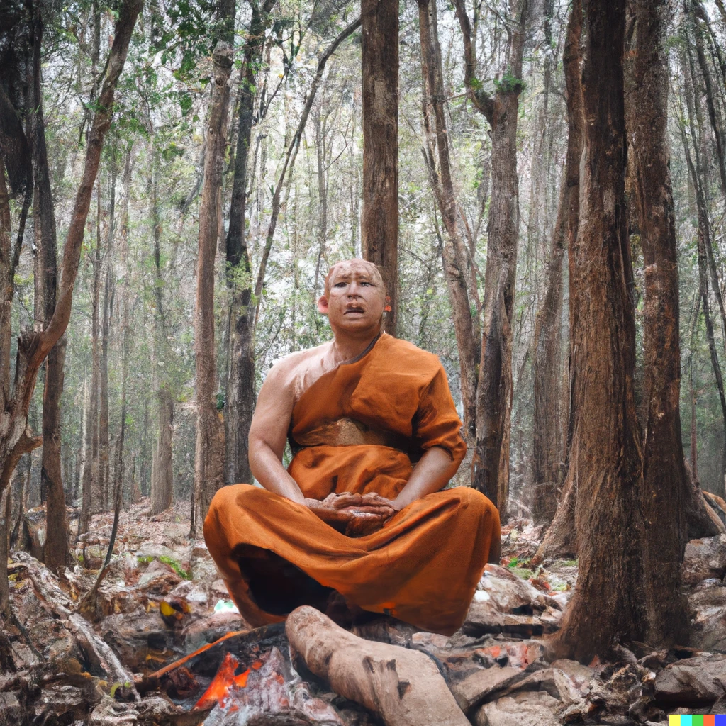 Prompt: A photorealistic Buddhist Monk during meditation with his legs crossed in the forest on top of wooden spikes on fire and enduring pain