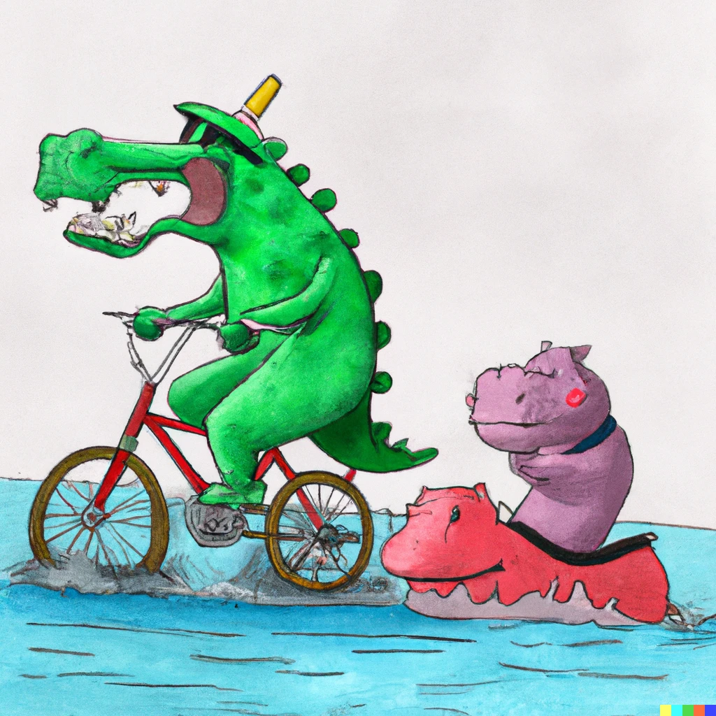 Prompt: A dinosaur on a bike, racing a hippo in a boat. 