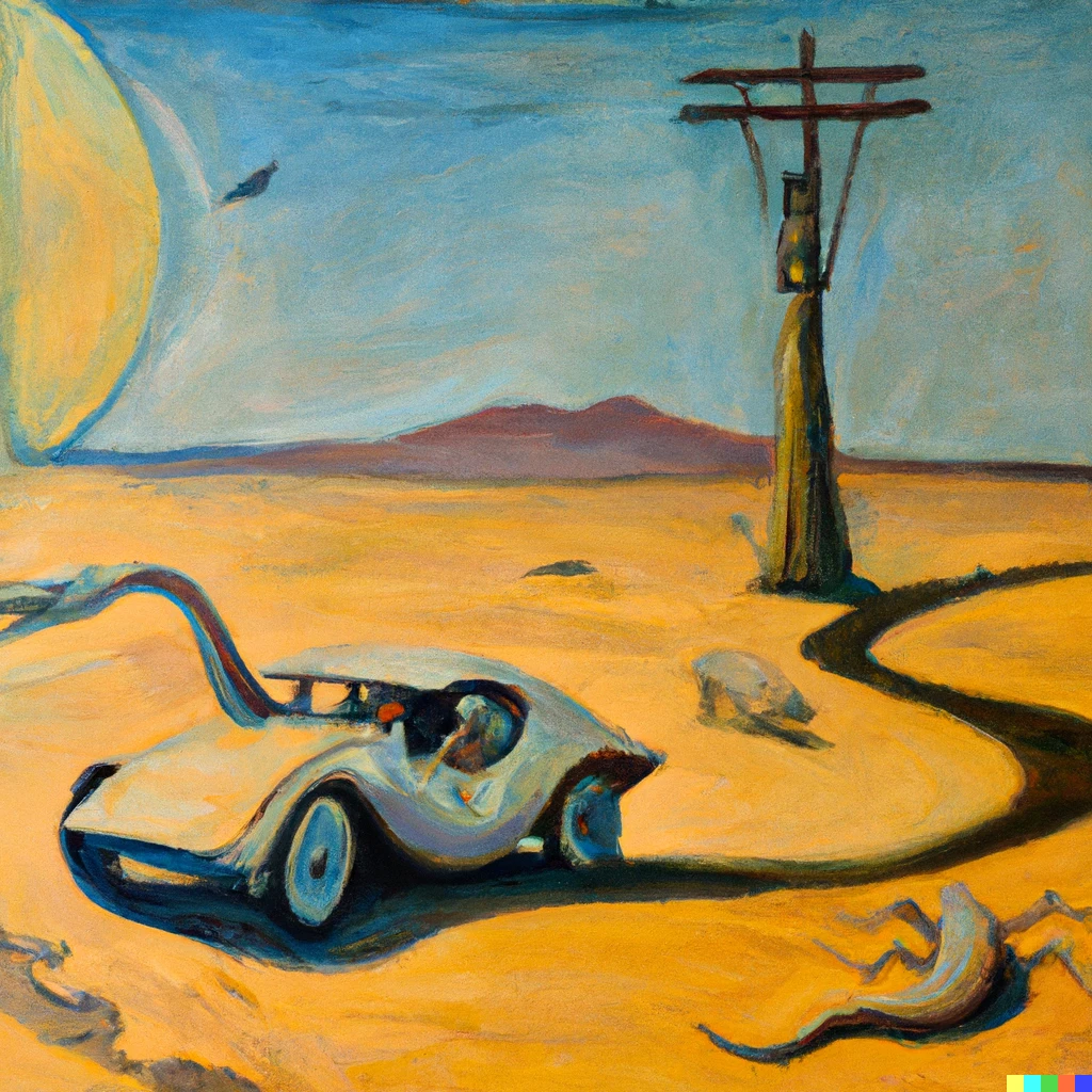 Prompt: The worms of Arrakis drives a Tesla, acrylic painting, 1924, Spain