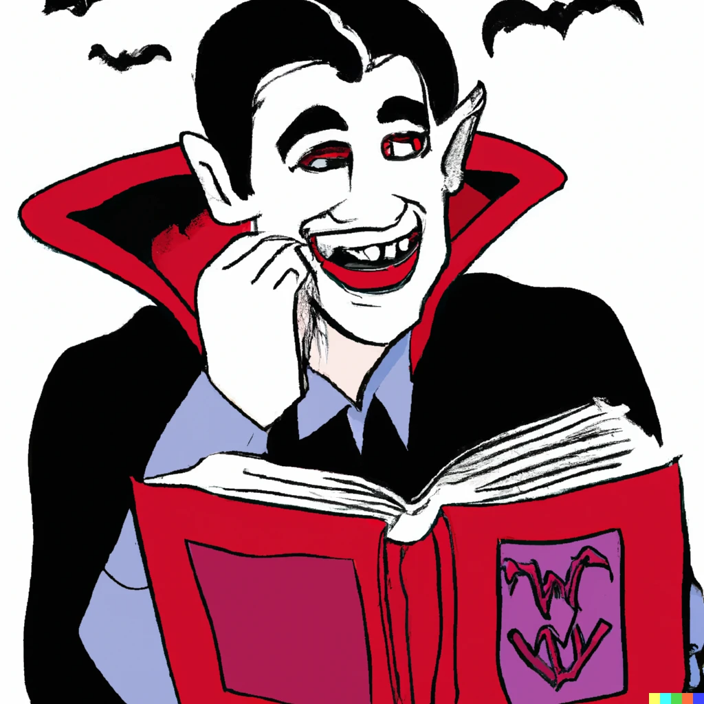 Prompt: A vampire chuckling whilst reading a comic book, in the style of the beano
