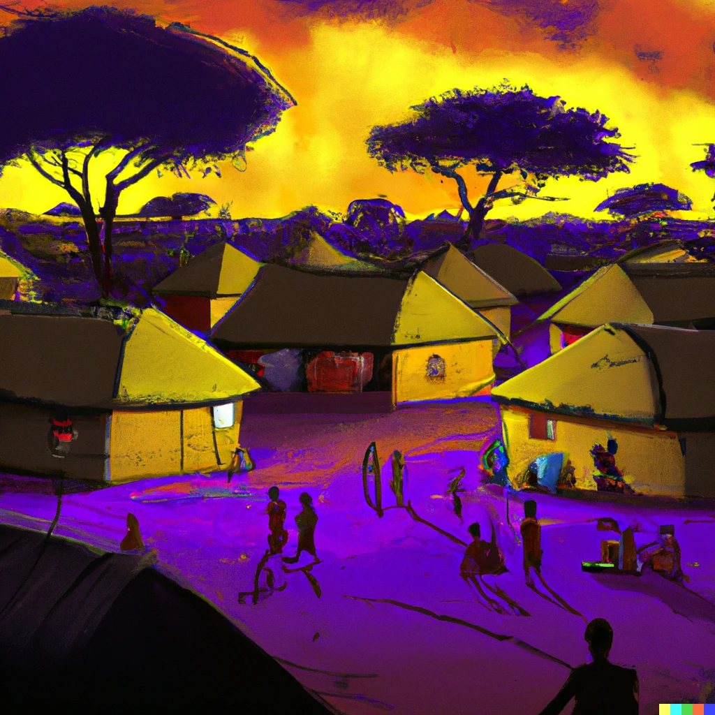 Prompt: A artist's impression of a busy African village at dusk