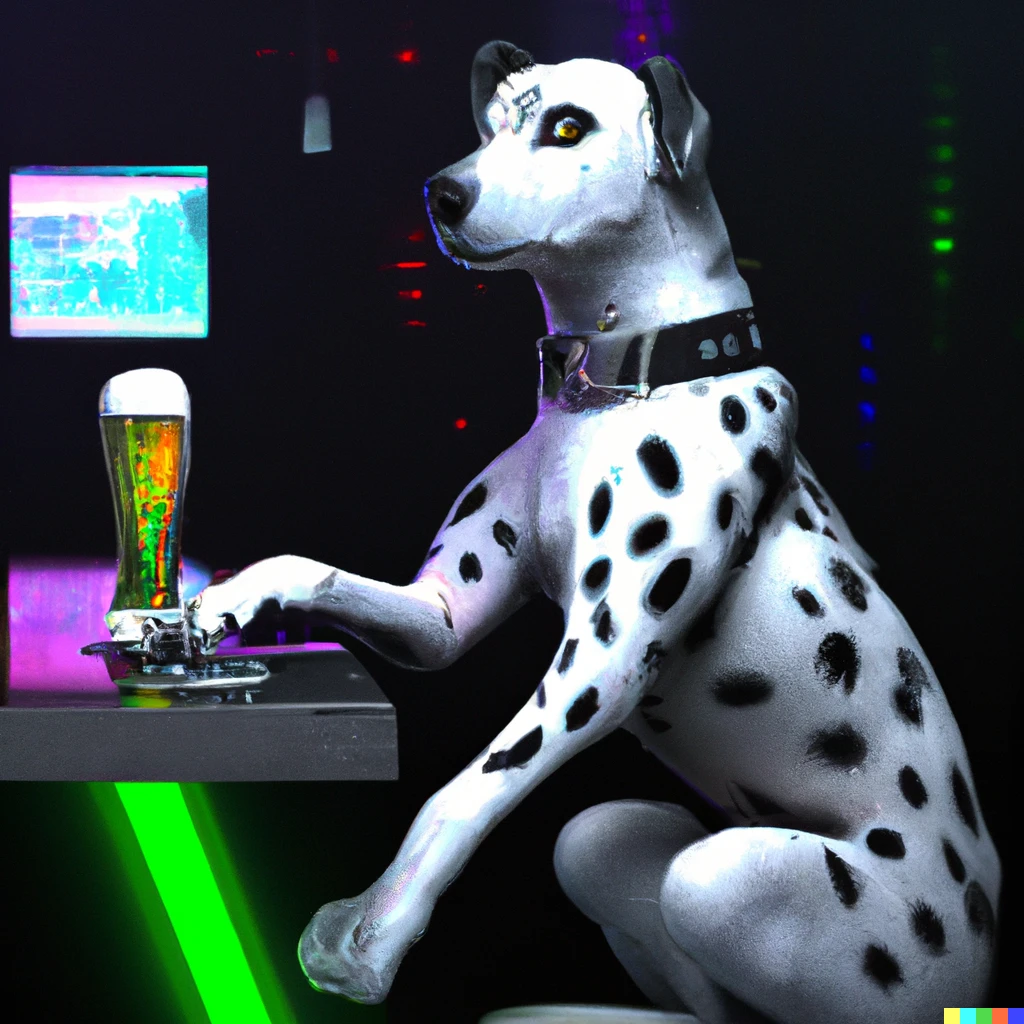 Prompt: A 3D render of a dalmatian with leopard spots sitting at a cyberpunk bar drinking beer 