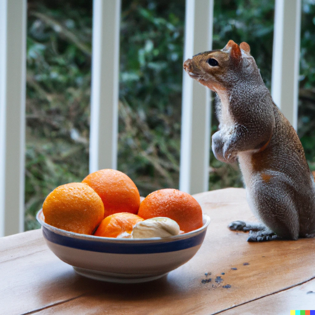Prompt: a squirrel looking wistfully at a bowl of clementines