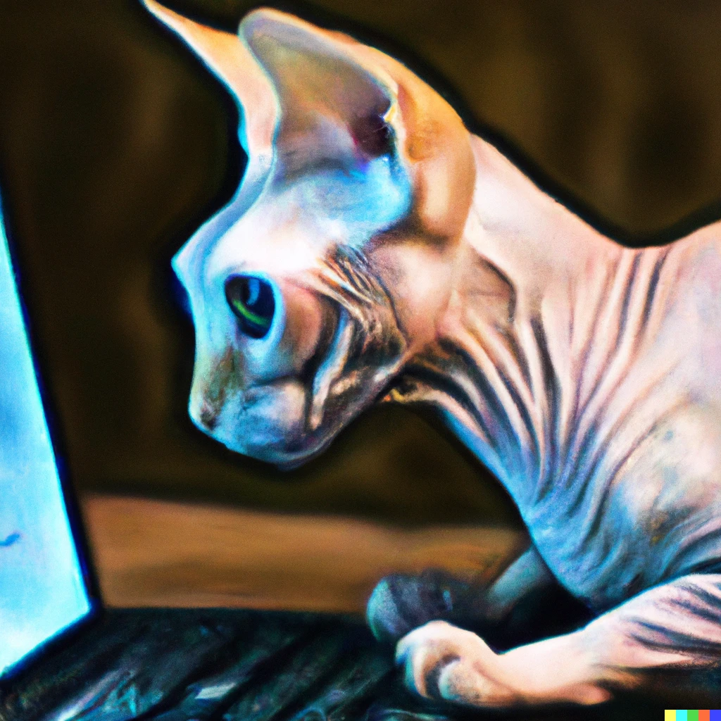 Prompt: A sphinx cat with blue eyes, using Twitter on a computer screen, digital art. 